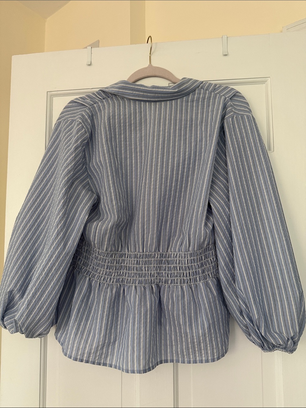 Max Studio Light Blue and White Striped V-Neck Blouse - Picture 4 of 4